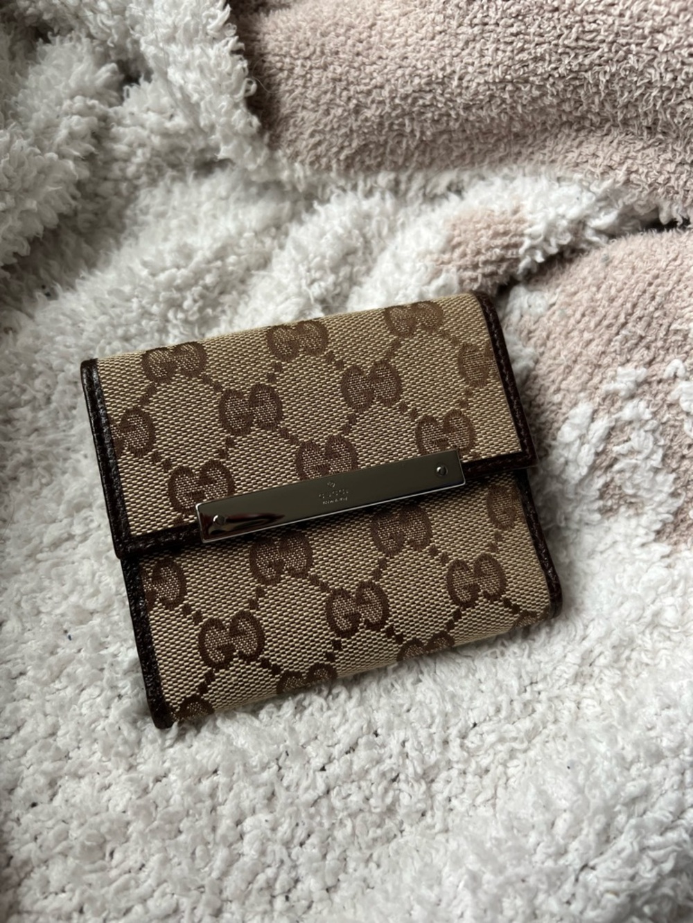 Gucci Beige and Brown GG Canvas Compact Wallet with Metal Plaque
